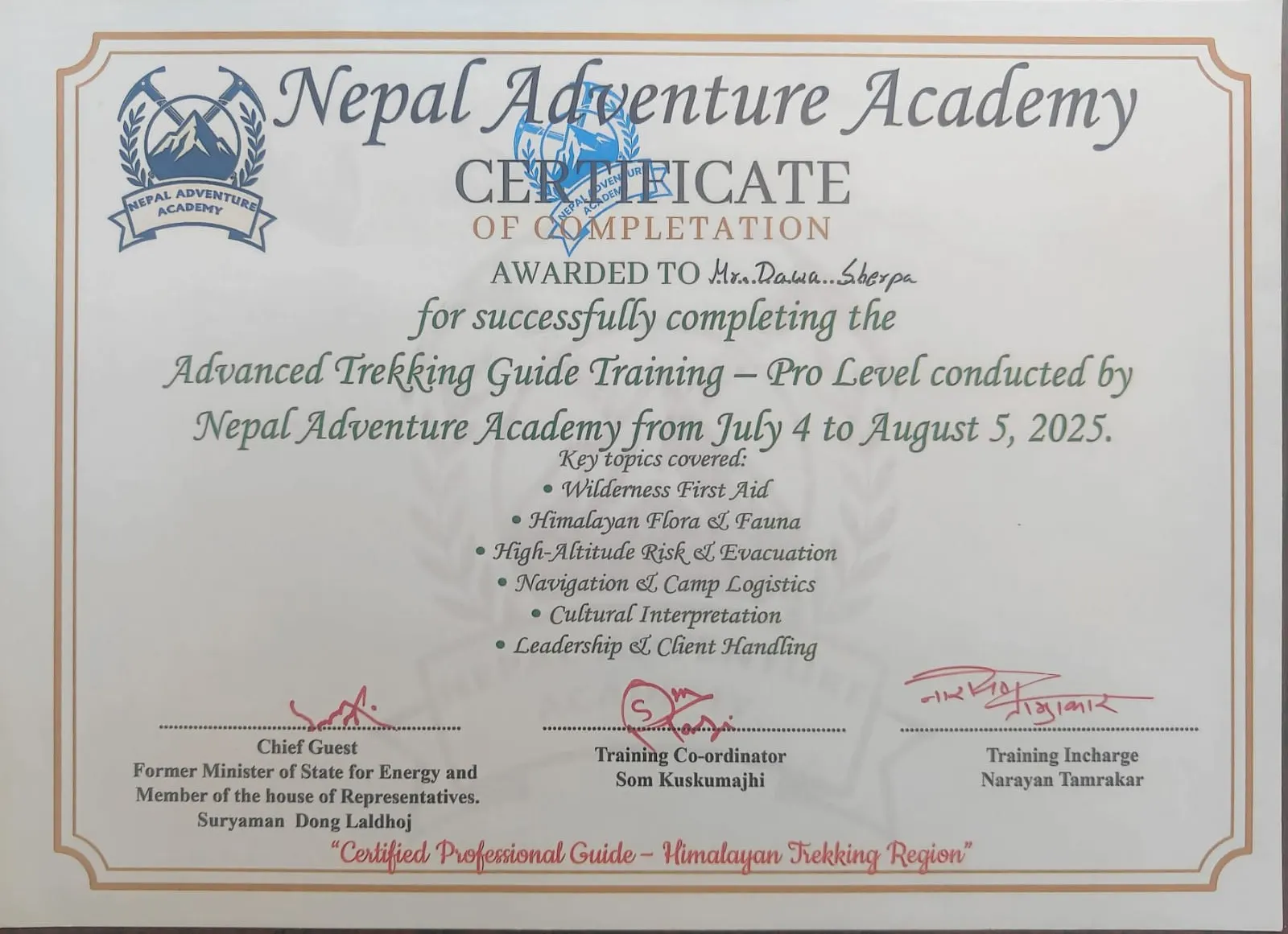 Advanced Trekking Guide Training — Pro Level certificate, issued by Nepal Adventure Academy