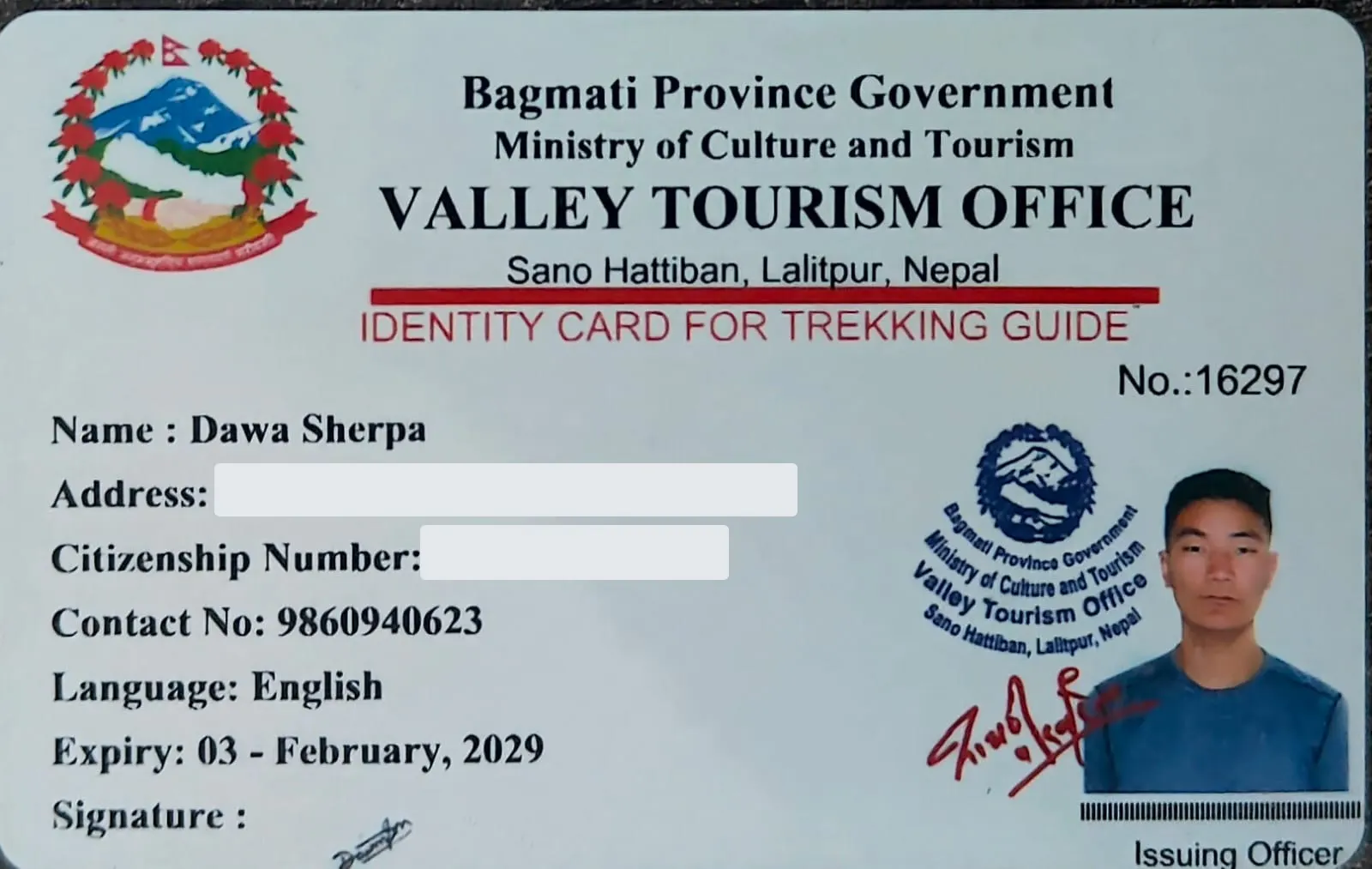 Trekking Guide Licence certificate, issued by Valley Tourism Office, Ministry of Culture and Tourism, Bagmati Province Government